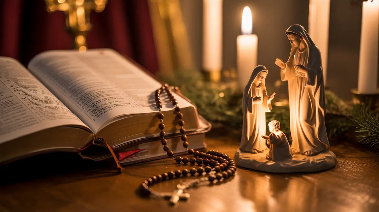 Rosary on Bible with Holy family statue by its side