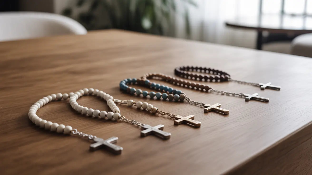 Several rosaries on a wooden table