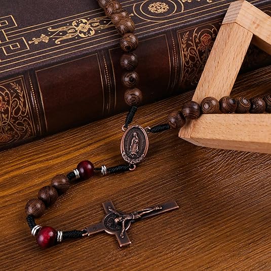 10mm olive wood beads and 12mm dark red wood mystery beads, this rosary offers a bold, strong design that’s perfect for men.
