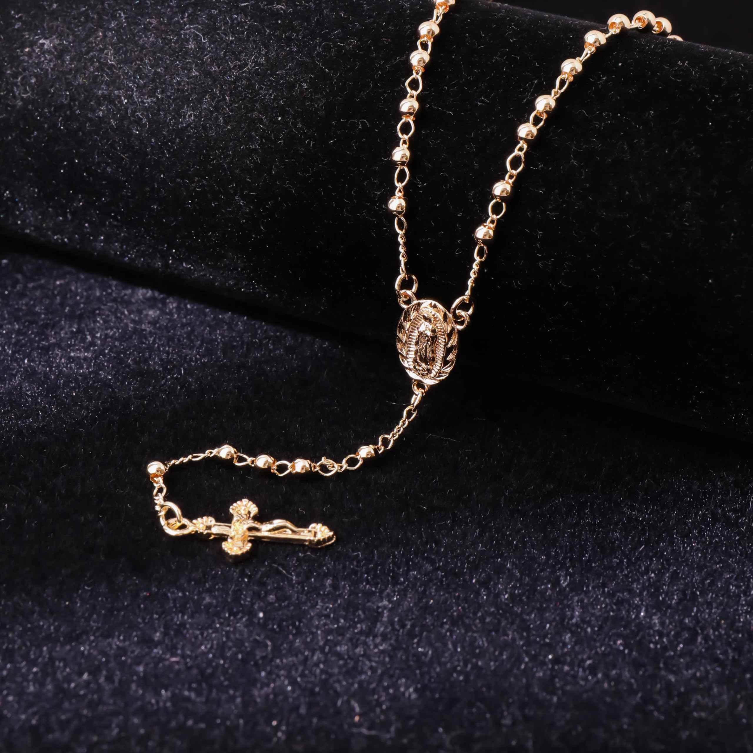 18K Gold Bronze Rosary Necklace Our Lady of Guadalupe & Crucifix with 3mm Prayer Beads - Nazareth Store