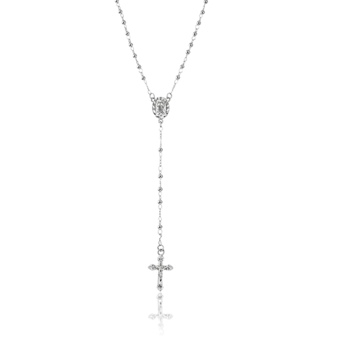 silver-plated rosary necklace featuring smooth 3 mm (0.12 inch) prayer beads, a finely detailed crucifix pendant measuring 1.3 cm (0.51 inch), and a classic Catholic design perfect for daily wear or devotional prayer.
