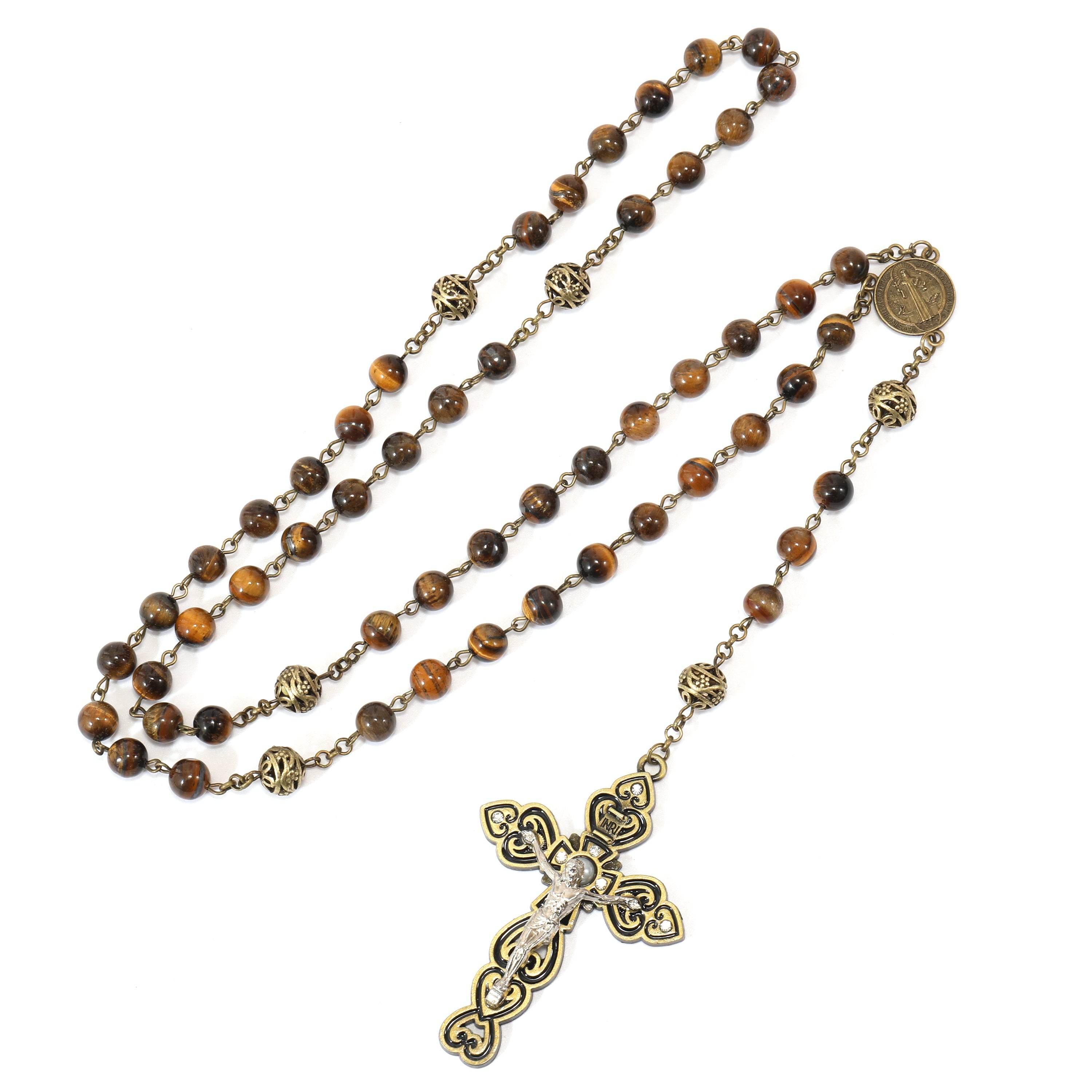Tiger Eye Natural Stone Beaded Rosary Antique Brass Chaplets Cross Necklace - Nazareth Store