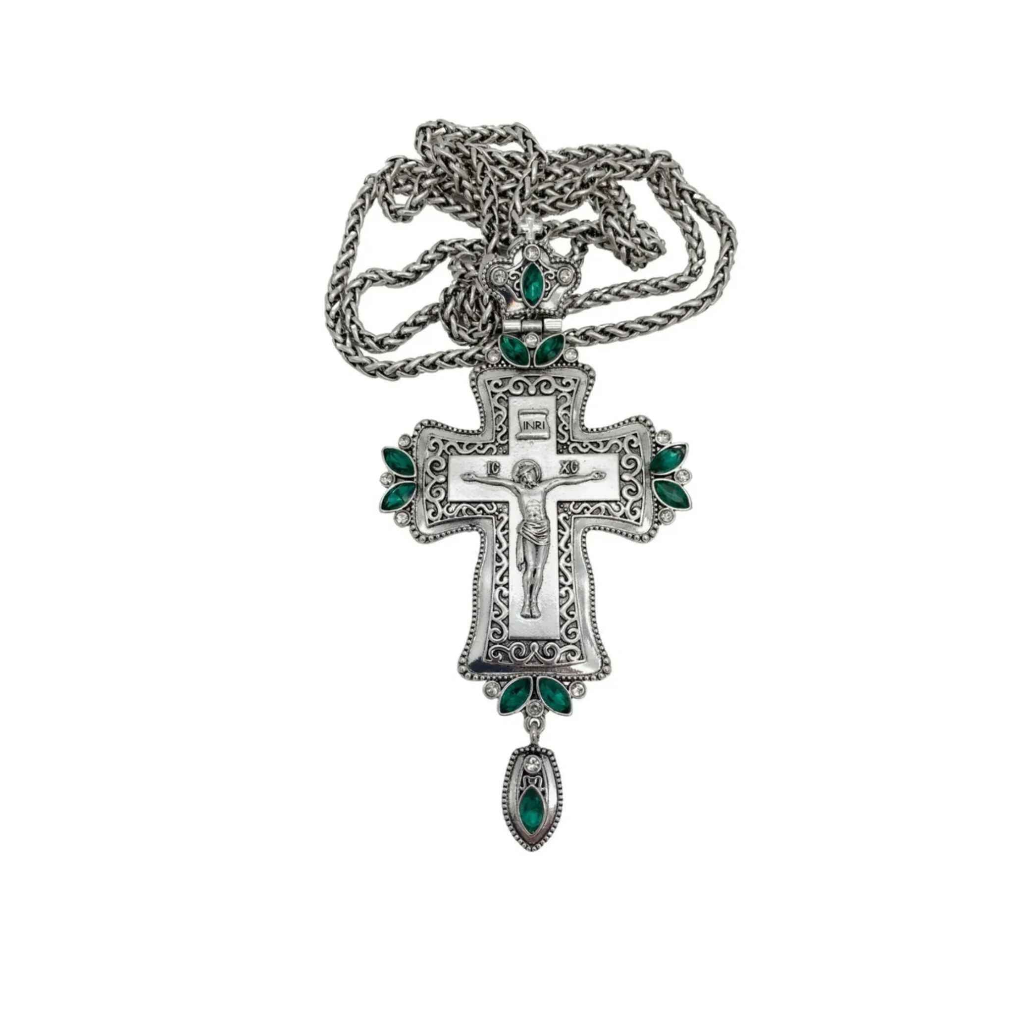 Green Crystals Bishop Pectoral Cross Silver Crystallized Zircons Clergy Crucifix 23"