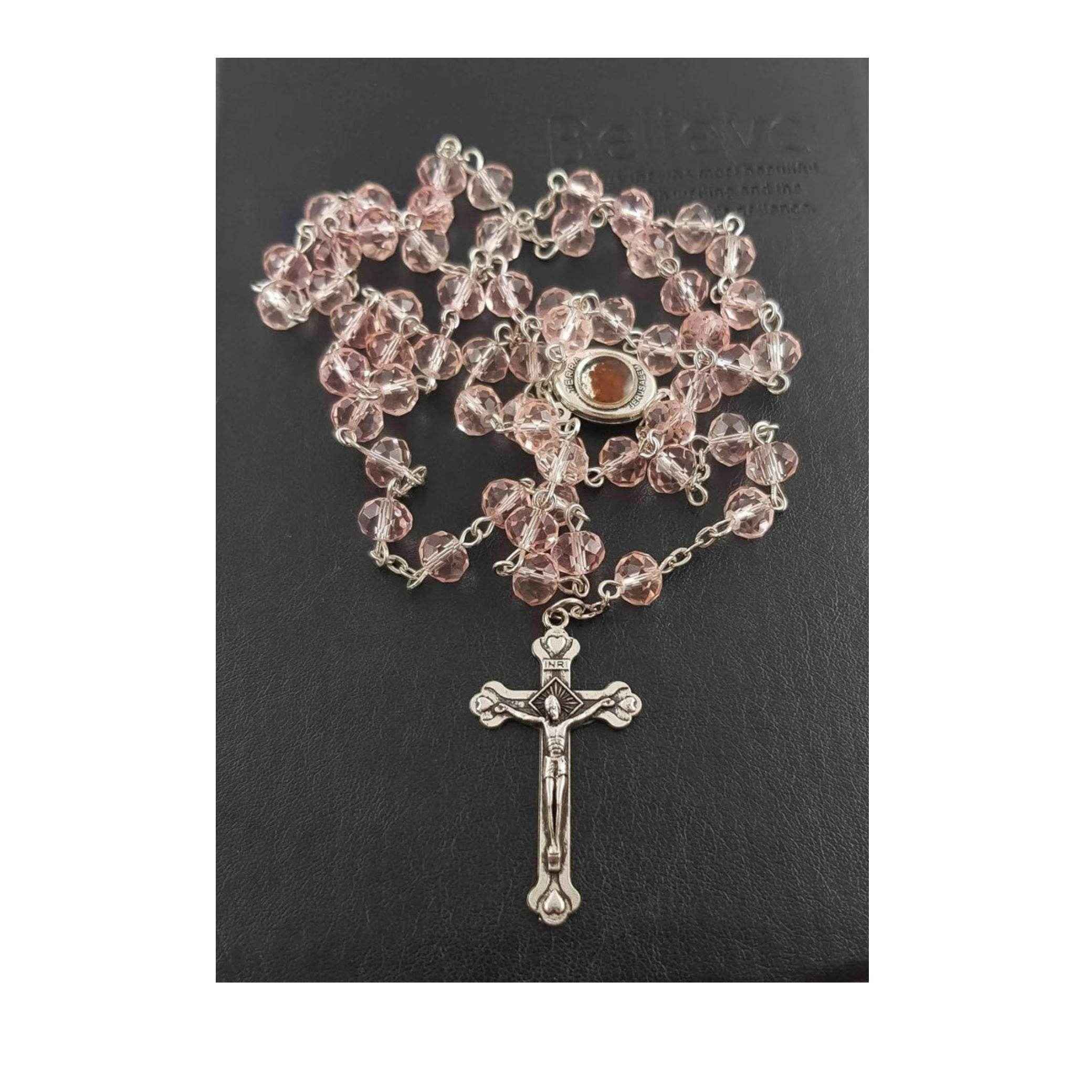 Pink Crystal Beads Rosary Necklace Holy Soil Medal & Silver Jesus Cross Crucifix