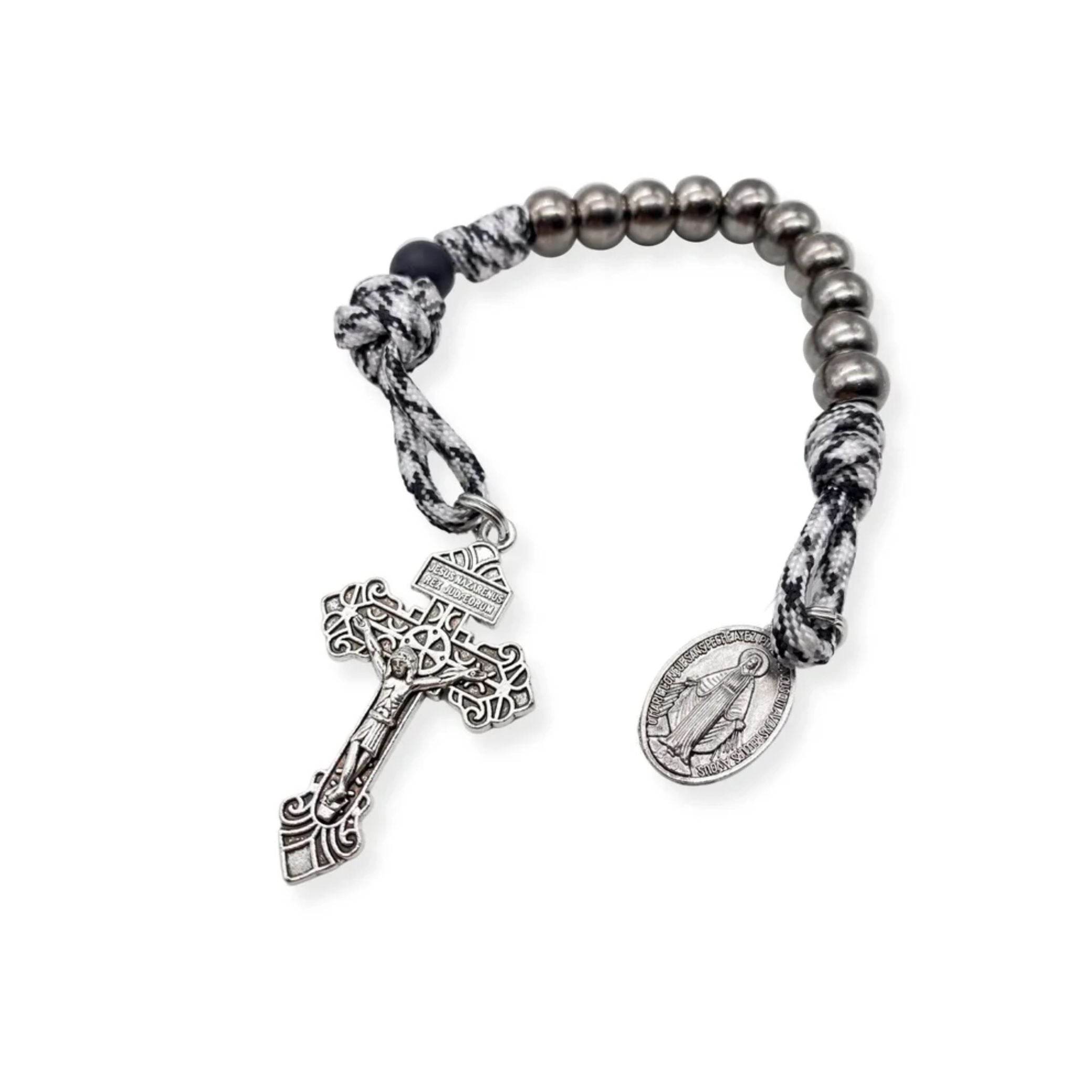 One Decade Rosary Beads Black & White Paracord Pocket Chaplet with Silver Beads & Miraculous Medal - Nazareth Store