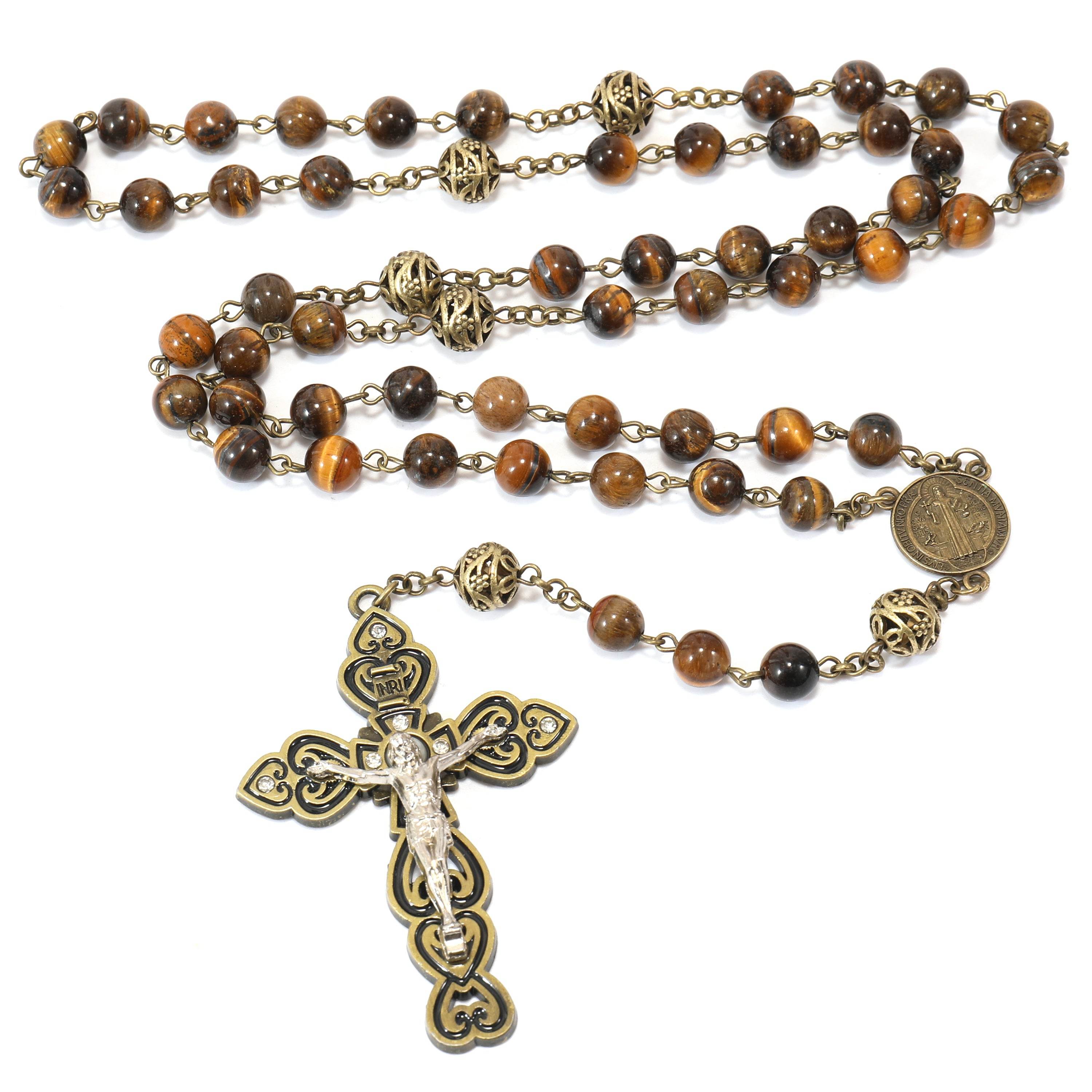 Tiger Eye Natural Stone Beaded Rosary Antique Brass Chaplets Cross Necklace - Nazareth Store