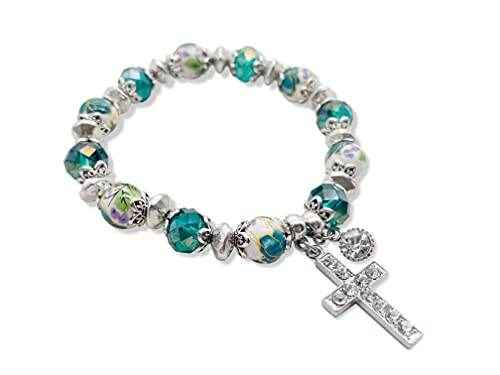 Green Crystals Rosary Beads Bracelet Christian Classic Beaded Bangle with Cross - Nazareth Store