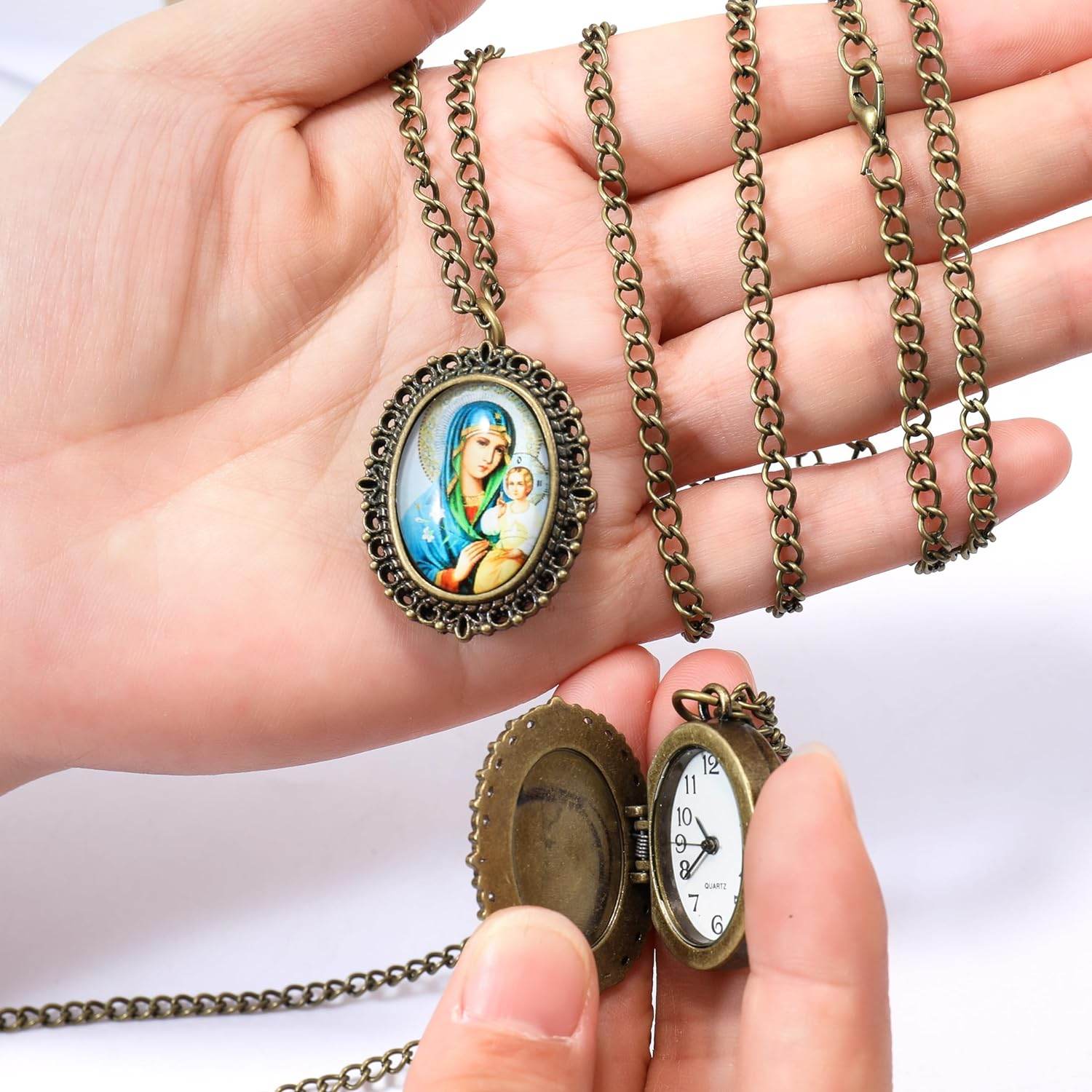Christian Madonna and Jesus Antique Bronze Pocket Watch Pendant Quartz Chain Necklace - Nazareth Store