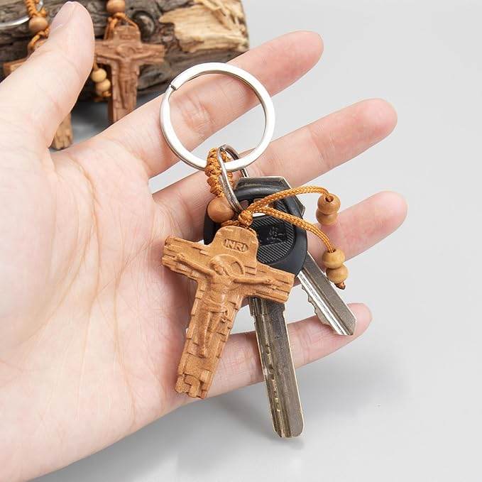 3pcs Wooden Crucifix Keychain Set Hand-Carved Peach Wood with Beaded Rope - Nazareth Store