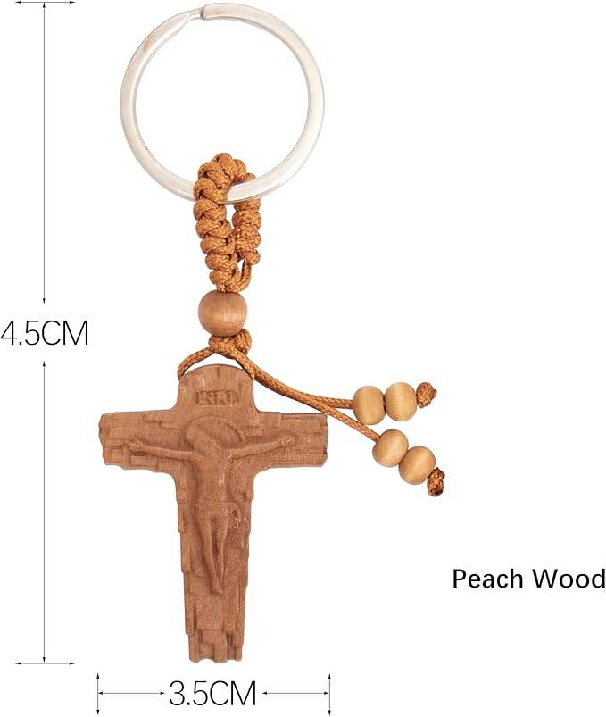 3pcs Wooden Crucifix Keychain Set Hand-Carved Peach Wood with Beaded Rope - Nazareth Store
