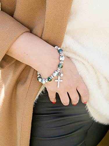 Green Crystals Rosary Beads Bracelet Christian Classic Beaded Bangle with Cross - Nazareth Store