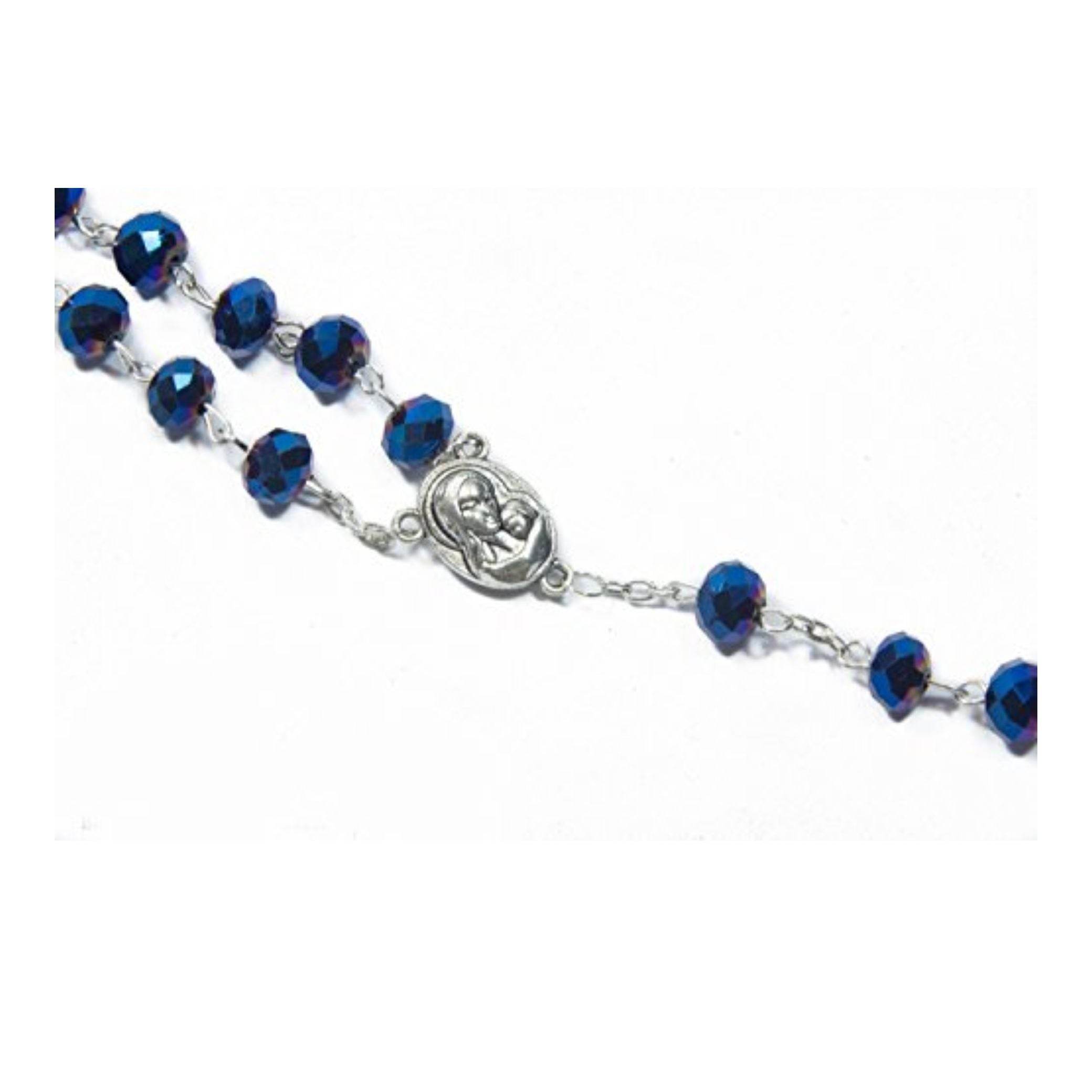 Deep Blue Crystal Beads Rosary Necklace Holy Soil Medal and Cross - Nazareth Store