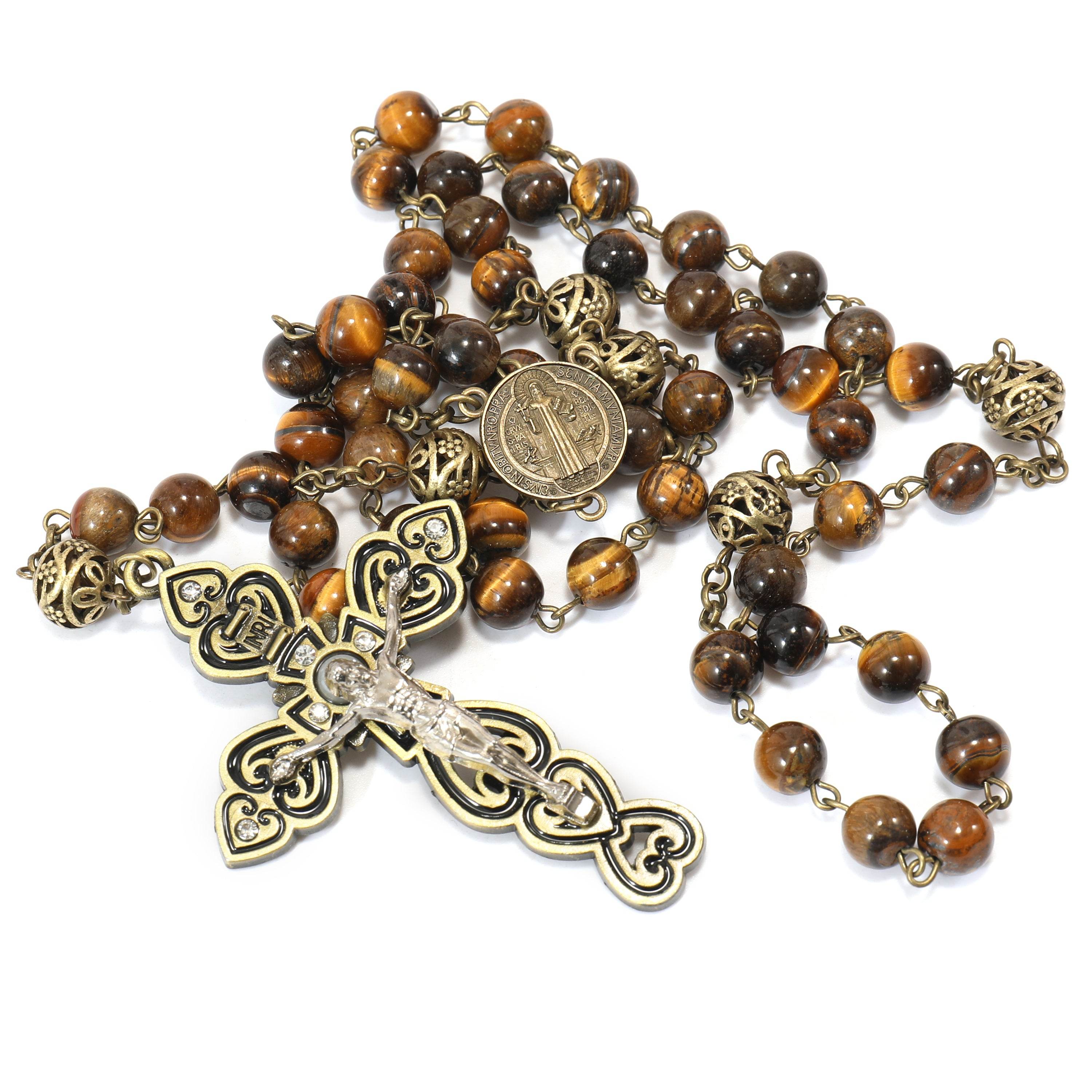Tiger Eye Natural Stone Beaded Rosary Antique Brass Chaplets Cross Necklace - Nazareth Store
