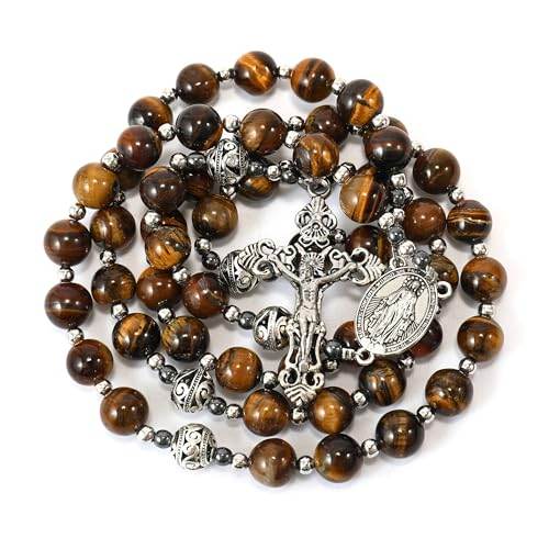Brown Tiger Eye Stone Beads Rosary Necklace with Miraculous Medal & Silver Cross - Nazareth Store