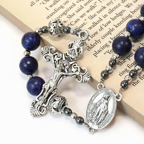 Blue Lapis Lazuli Beads Rosary Necklace with Miraculous Medal - Nazareth Store