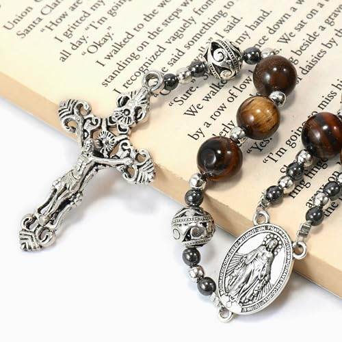 Brown Tiger Eye Stone Beads Rosary Necklace with Miraculous Medal & Silver Cross - Nazareth Store