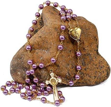 Purple Pearl Beads Rosary Necklace with Gold Prayer Chaplet, Miraculous Open Up Locket Centerpiece Medal, White Enamel Cross - Nazareth Store