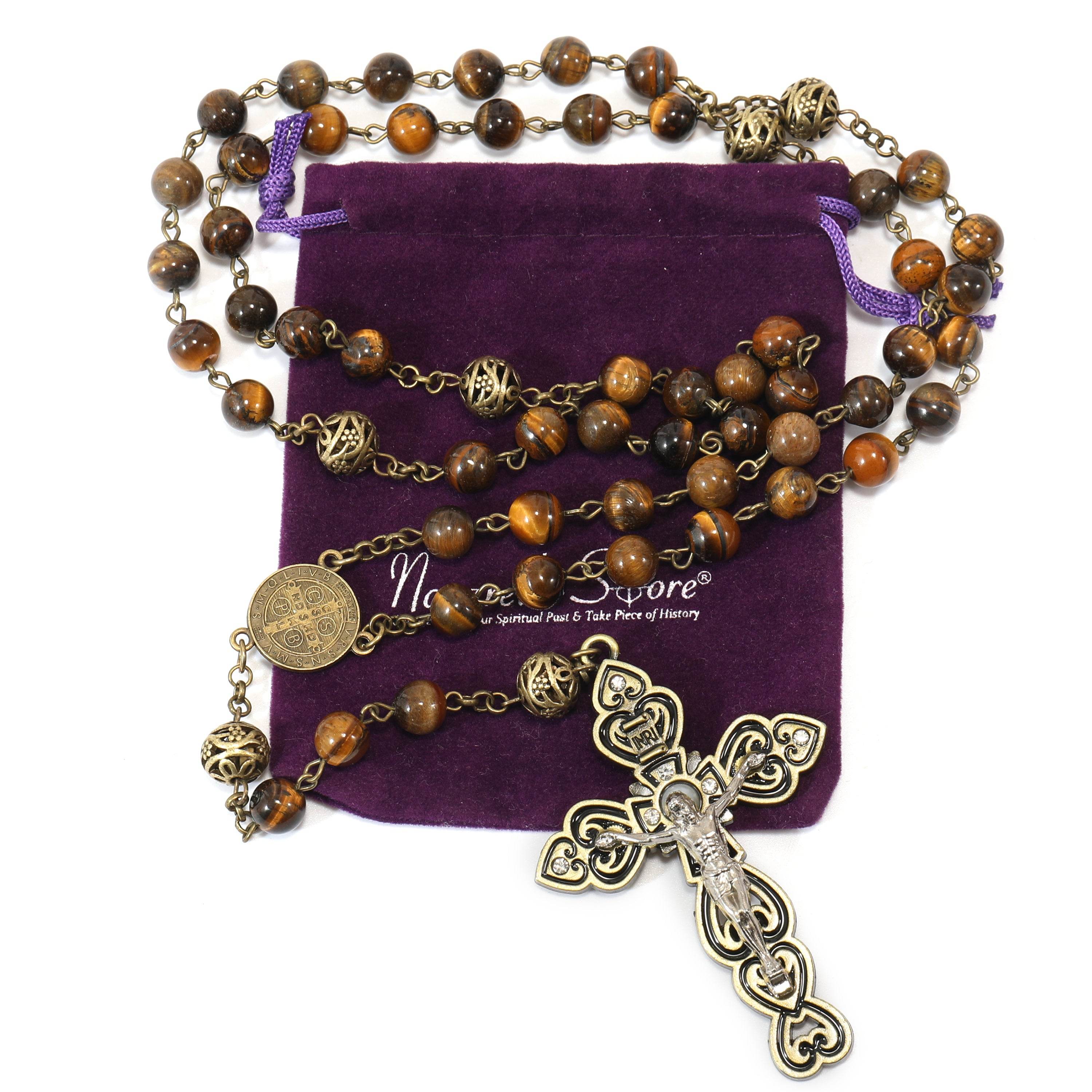 Tiger Eye Natural Stone Beaded Rosary Antique Brass Chaplets Cross Necklace - Nazareth Store