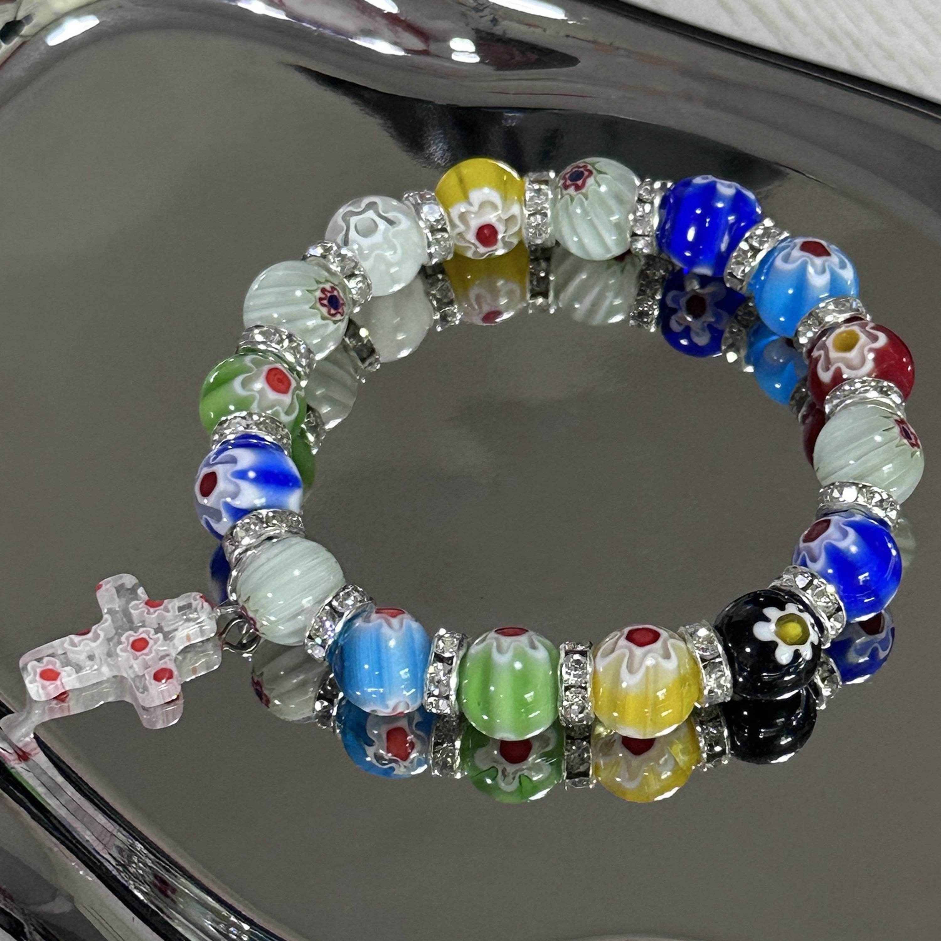 Colorful Agate Stone Beads Bracelet Rosary Hanging Cross