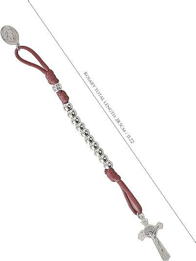 Silver Beads Red Paracord Pocket Car Rosary St. Joseph Medal & St. Benedict Cross - Nazareth Store