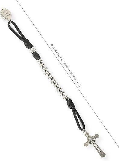 Silver Beads Black Paracord Pocket Car Rosary St. Joseph Medal & St. Benedict Cross - Nazareth Store