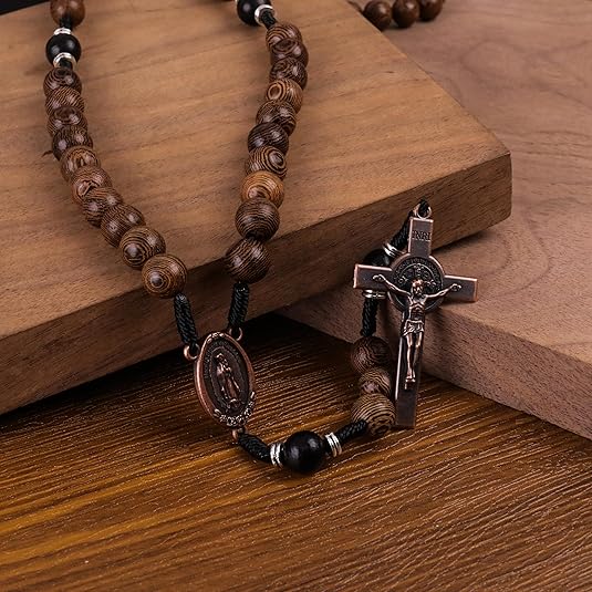 10mm olive and 10mm black wood mystery beads, this rosary offers a bold, strong design that’s perfect for men.