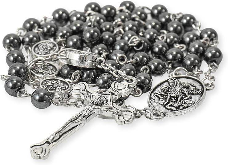 Black Hematite Silver St. Michael Stone Beads Rosary Necklace with Metal Box - Nazareth Store