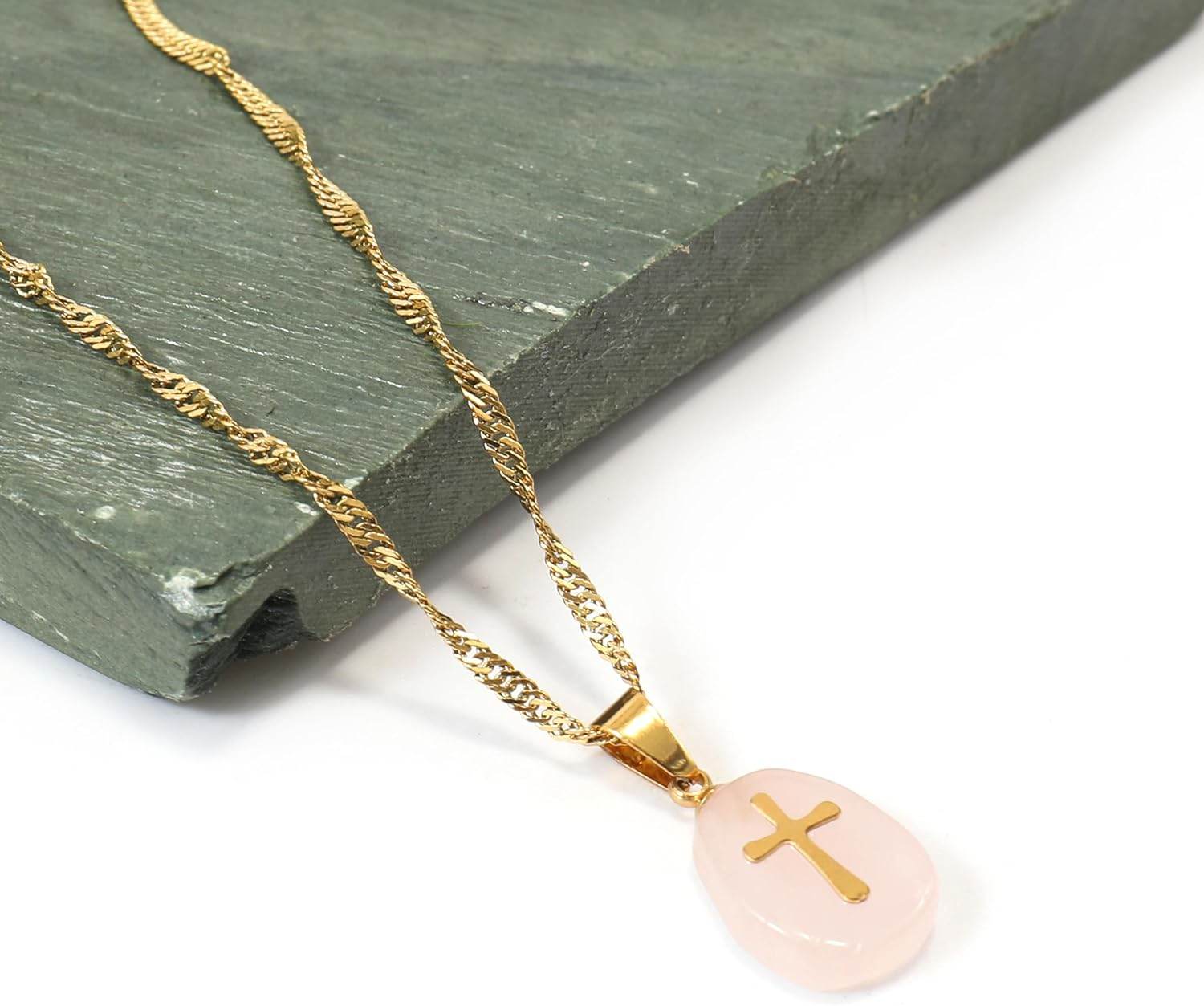 Stainless Steel Christian Clavicle Chain Necklace & Natural White Moonstone Cross Pendant - Nazareth Store