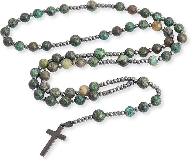 Hematite Stone Beaded Rosary Necklace with Black Metal Cross - Nazareth Store