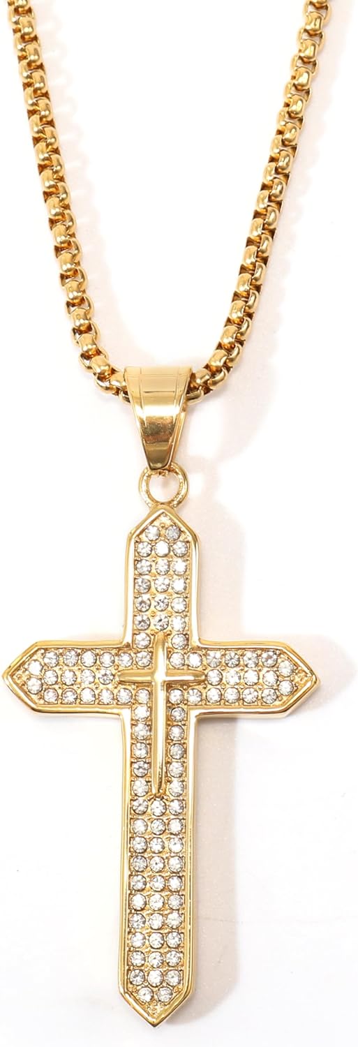 18K Gold Plated Cross Necklace Religious Jewelry Cubic Zirconia Crucifix Nazareth Store