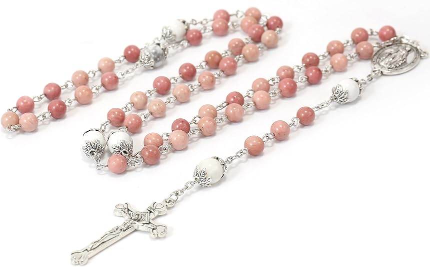 White Howlite Pink Aventurine Beads Rosary Necklace Miraculous Medal Holy Mary Box - Nazareth Store