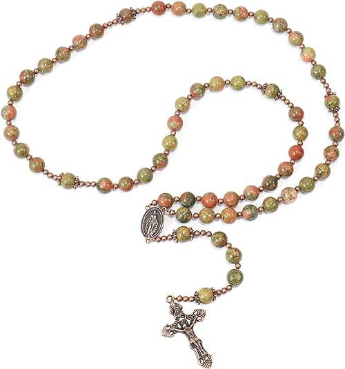 Natural Agate Green Flower Beads Rosary Necklace with Red Miraculous Medal with Cross - Nazareth Store