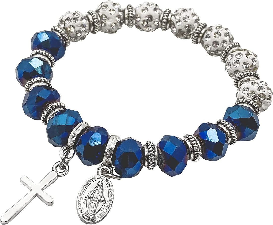 Copy of Christian Cross Bracelet Blue Crystal Beaded Stretch Rosary Bracelet Nazareth Store