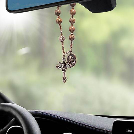 Wooden Beads One Decade Rosary Car Mirror Beads Rosary St. Michael & Cross - Nazareth Store