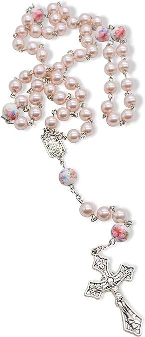 White Flowers Pink Pearl Rosary Beads Miraculous Medal & Cross Crucifix - Nazareth Store