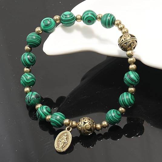 Malachite Stone Beads Rosary Bracelet with Metal Separators and Catholic Miraculous Medal - Nazareth Store