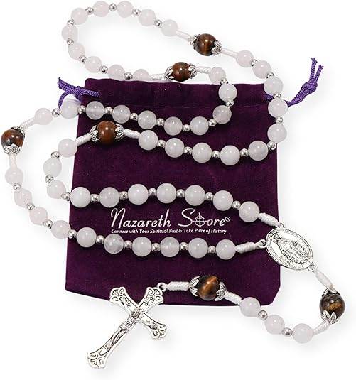 White Jade & Natural Stone Beads Rosary Necklace St. Miraculous Medal & Cross Crucifix - Nazareth Store