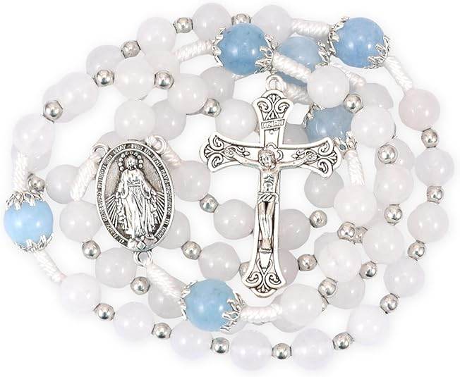 White Jade & Natural Stone Beads Rosary Necklace St. Miraculous Medal & Cross Crucifix - Nazareth Store