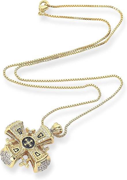 Blue Enamel Jerusalem Cross Pendant Necklace 18k Gold Plating Crystallized Stones - Nazareth Store