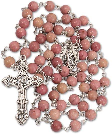 Pink Aventurine Rosary Necklace with Silver Holy Soil Medal & Cross - Nazareth Store