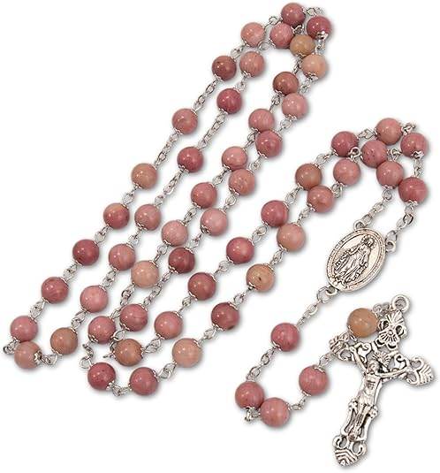 Pink Aventurine Rosary Necklace with Silver Holy Soil Medal & Cross - Nazareth Store