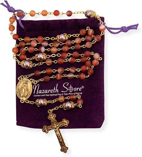 Matte Stone & Pearl Round Beads Rosary Gold Necklace Miraculous Medal & Cross - Nazareth Store