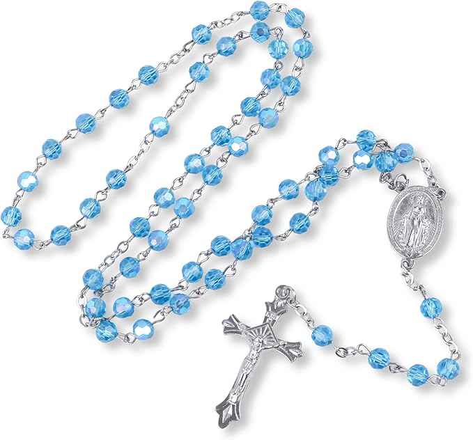 Light Blue Aquamarine Beads Rosary Necklace Crystallized Communion Rosary with Miraculous Medal & Jesus Cross