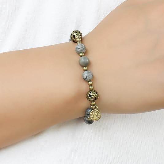 St. Benedict Map Stone Beads Durable and Elegant Wrist Bracelet Rosary with Metal Separators and Catholic Medal - Nazareth Store