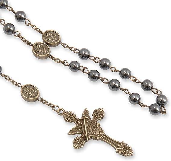 Hematite Rosary Necklace with Bronze Archangel Medal & St. Michael Cross - Nazareth Store