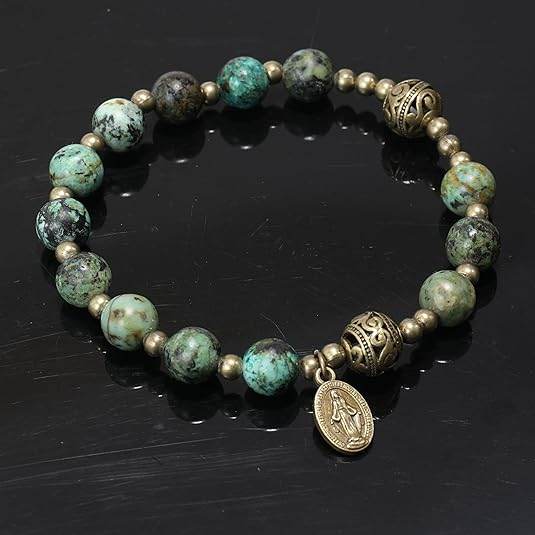 Africa Jasper Stone Beads Rosary Bracelet with Metal Separators and Catholic Miraculous Medal - Nazareth Store