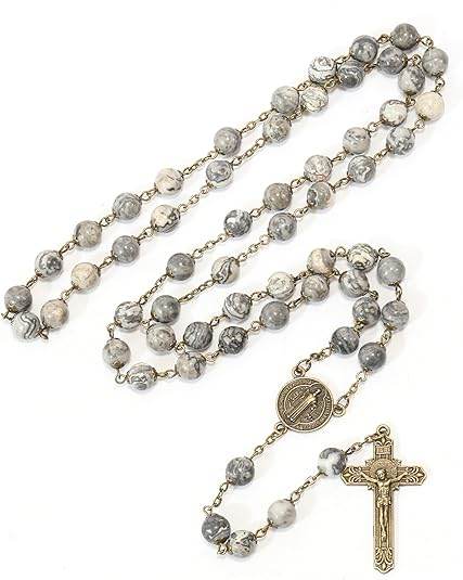 St. Benedict Map Stone Antique Bronze Rosary Necklace Cross and Medal - Nazareth Store