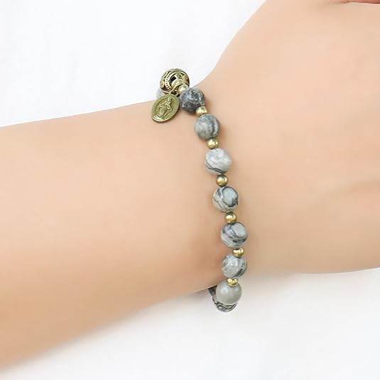 Map Stone Stone Beads Rosary Bracelet with Metal Separators and Catholic Miraculous Medal - Nazareth Store