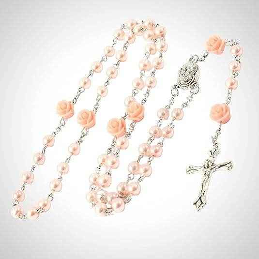 Pink Pearl Beads Rosary Necklace Our Rose Holy Soil Medal