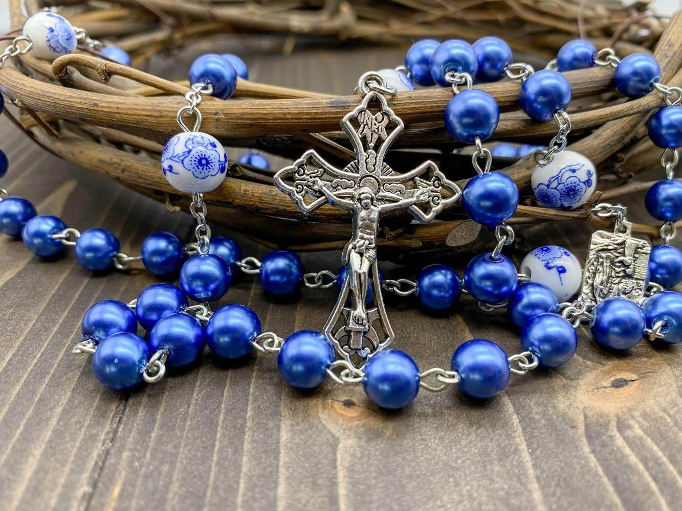 White Flowers Blue Pearl Beads Rosary Beaded Necklace Lourdes Medal & Cross Crucifix - Nazareth Store